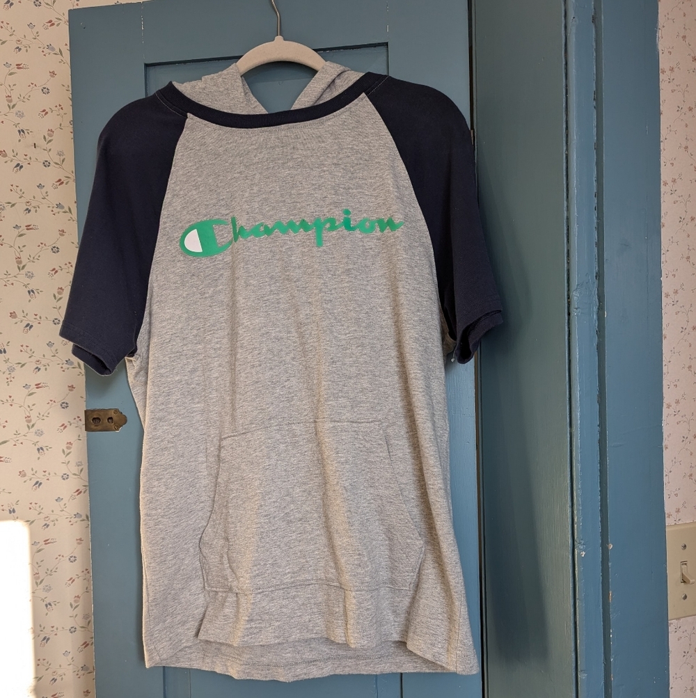Champion Gray Green Navy Hoodie T-Shirt Short Sleeves Medium Sporty Athleisure